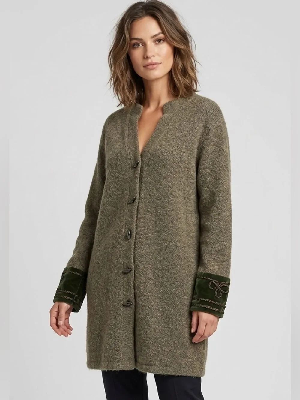 Soft Surroundings Cardigan Sweater Green Velvet Statement Cuffs Womens Medium
